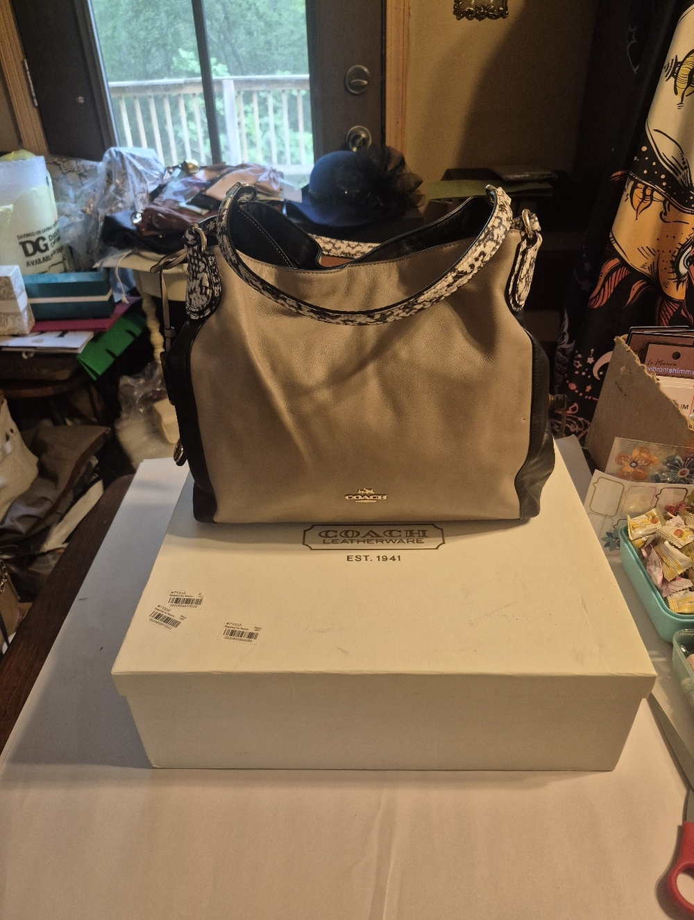 Coach Two-Tone Shoulder Bag in Beige and Black with Patterned Strap